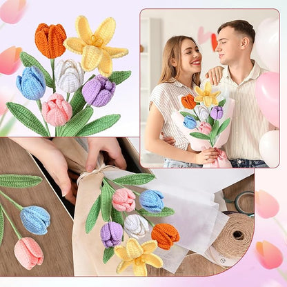 Dremisland Crochet Flowers 6PCS Crochet Tulips Finished Handmade Knitted Flowers Crocheted Bouquets Pastel Floral Gift for Mothers Girls Friends Teacher Gifts for Women,Graduation Flower Home Decor