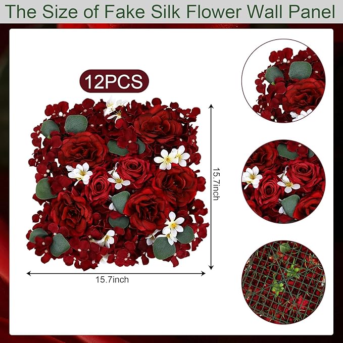 Pack of 12 Artificial Silk Flower Panels, Faux Floral Wall Background for Wedding Party Engagement Bridal Shower Arrangement Home Decorations - Burgundy