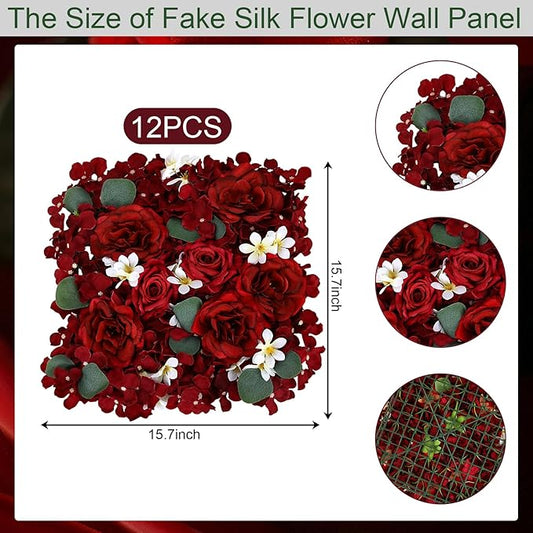 Pack of 12 Artificial Silk Flower Panels, Faux Floral Wall Background for Wedding Party Engagement Bridal Shower Arrangement Home Decorations - Burgundy