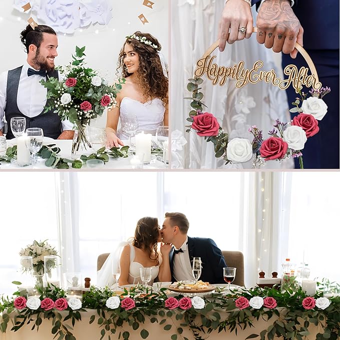 100PCS Artificial Flowers Wine red & White Roses Real Looking Foam Fake Roses with Leaves for DIY Wedding Bouquets Bridal Shower Centerpieces Party Decorations (Wine red & White, 100)