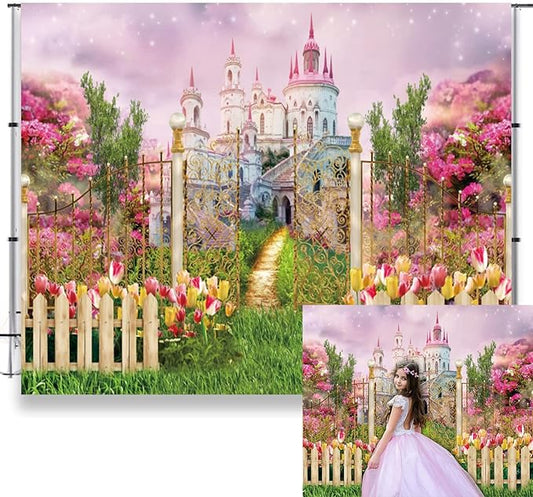 7x5ft Fantasy Castle Wonderland Backdrop Flower Garden Sweet Princess Birthday Party Photography Backdrop Girls Portrait Banner Baby Shower Kids Birthday Party Decorations