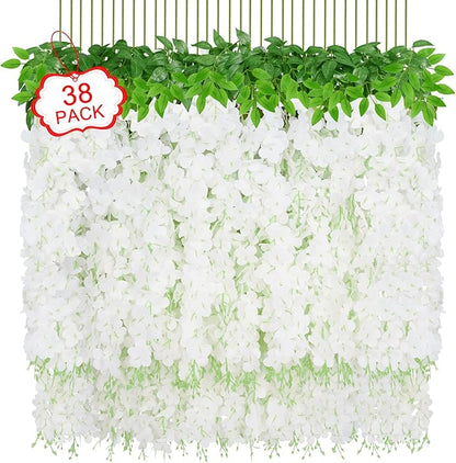 Yastouay 38 Pcs Wisteria Hanging Flowers, 3.77 Ft/Pcs Artificial Hanging Flowers, White Fake Wisteria for Wedding Party Ceremony Backdrop Home Decoration