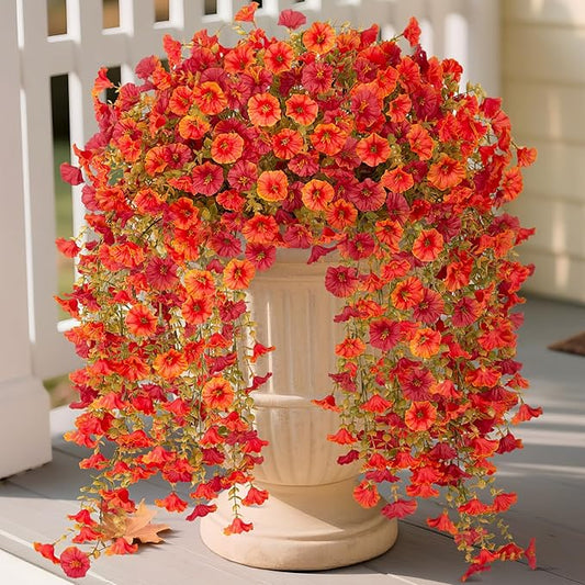 Artificial Fall Hanging Flowers for Decoration, 2pcs Long Vine Fake Flowers Plants Morning Glory, Realistic Faux Petunias for Planter Patio Porch Garden Autumn Outdoors Dec, Orange Red