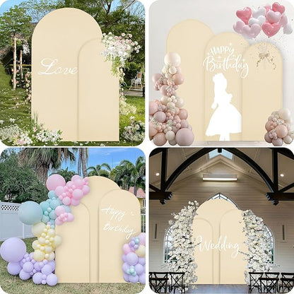 WEERRW Wedding Arch Cover Beige Spandex Fitted Set of 3 Balloon Arch Stand Covers Round Top Chiara Stretchy Backdrop for Birthday Party Baby Shower Banquet Decoration (6FT, 6.6FT, 7.2FT)