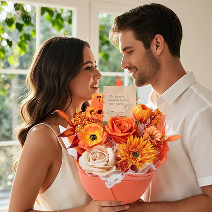 Orange Preserved Flowers Bouquet, Gift Bouquet for Women, Eternal Fake Flower Gift for Christmas Anniversary Birthday Home Décor