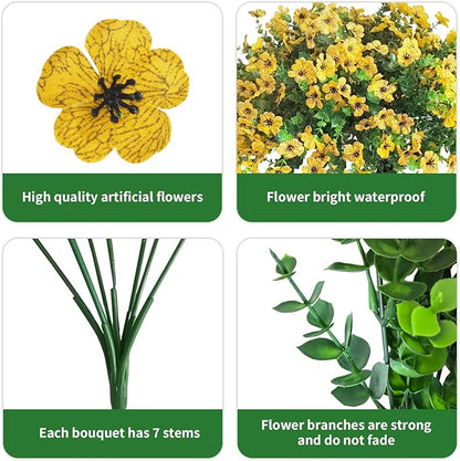 Artificial Fall Flowers Faux Mums for Outdoor Indoor Garden Home Decoration, Faux Flower Daisy with Eucalyptus Leaves Fake Mums Plants Greenery Boxwood Porch Patio, 12 Bundles