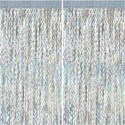 2 Pack Silver Backdrop Curtain Tinsel Streamers Sparkle Metallic Wavy Foil Fringe Photo Booth Props for Birthday Graduation Bachelorette New Year Christmas Wedding Disco Party Decorations