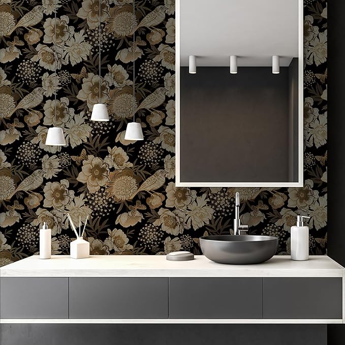 Floral & Birds Peel and Stick Wallpaper Antique Gold Black Self Adhesive Removable Floral Wallpaper for Bedroom Renter Friendly Floral Contact Paper for Bedroom Bathroom Walls Shelf Liner 17.7"x118.1"