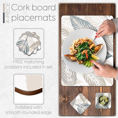 Set of 4 Heat Resistant Cork Placemats for Dining Table with Free Set of 4 Matching Drink Coasters Marble Design 16 x 12 Inches Cork Backed Hard Placemats (Farmhouse Rustic Leaves)