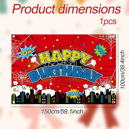 Spider Birthday Backdrop, 150x100cm/5x3ft Red Polyester Large Spider Web Happy Birthday Banner Backdrop for Boys Girls Themed Party Decorations & Photo Booth Props