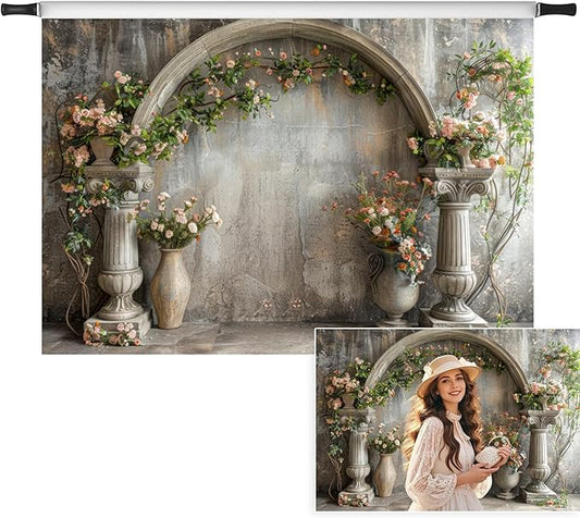 7x5ft Vintage Flower Backdrop Pink Boho Floral Wedding Wall Retro European Arch Green Grass Nature Photography Background Princess Birthday Bridal Shower Anniversary Valentines Day Decor