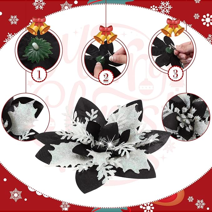 24 Christmas Glitter Artificial Poinsettia Flowers Xmas Poinsettia Artificial Wedding Flowers Decorations Xmas Tree Ornaments with Clips for Party Favors, 6 Inch, 4 Inch, 3 Inch (Black White, Gold)