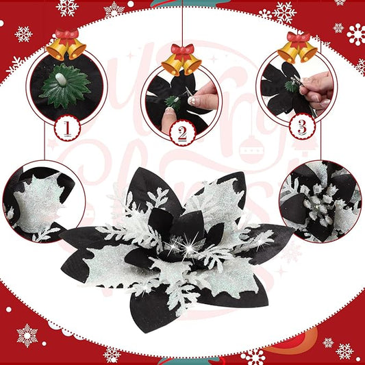 24 Christmas Glitter Artificial Poinsettia Flowers Xmas Poinsettia Artificial Wedding Flowers Decorations Xmas Tree Ornaments with Clips for Party Favors, 6 Inch, 4 Inch, 3 Inch (Black White, Gold)
