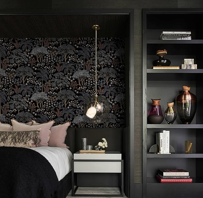 Guvana 197"x16.14" Forest Wallpaper Black Peel and Stick Wallpaper Leaf Contact Paper Floral Self Adhesive Wall Paper for Living Room Cabinets Decorative