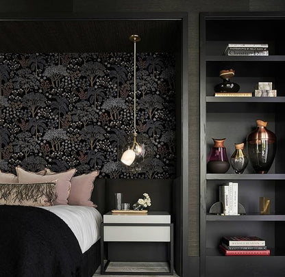 Guvana 197"x16.14" Forest Wallpaper Black Peel and Stick Wallpaper Leaf Contact Paper Floral Self Adhesive Wall Paper for Living Room Cabinets Decorative