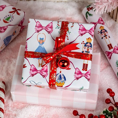 MAYPLUSS Christmas Wrapping Paper Roll - 17IN X 33FT - White Nutcracker Wrap Paper Featuring Christmas Tree Bell Bow Holly Candy Cane Reversible Plaid for Girl, Holiday, New Year