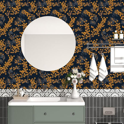 Boho Wallpaper Peel and Stick Leaf Wallpaper for Kitchen Vintage Contact Paper 17.5" x 118" Waterproof Vinyl Self Adhesive Dark Floral Wall Paper for Bedroom Walls Cabinet Locker Decor
