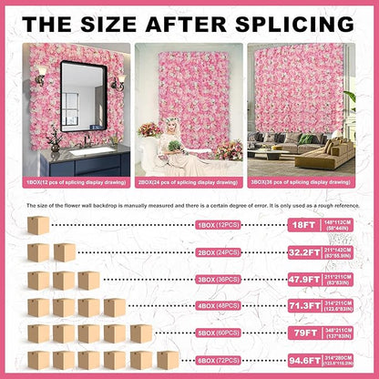 Flower Wall Backdrop 12 Piece of 16.5x16.5 Inch Floral Wall Panel Artificial Silk Rose Wall Decor Ideal for Wedding Celebrations, Festive Party Backdrops, and Home Decor-Pink