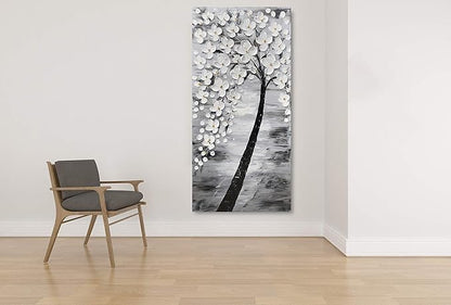 Yihui Arts Hand-Painted Textured White Blossom Tree Art on Canvas, Grey & Black Toned Floral Painting for Modern Home Decor, Unique Thick Textured Petals Wall Art