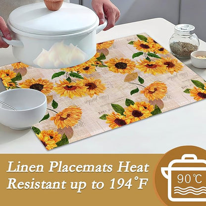 Yellow Watercolor Sunflowers Placemats Set of 6, 12x18 Inch Waterproof Stain Resistant Linen Table Placemats Summer Seasonal Farmhouse Kitchen Party Decor Home Decor