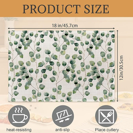 Eucalyptus Green Sage Placemats Set of 6,Washable Heat Resistant 12×18 Inch Linen Table Mats Spring Leaves Place Mats for Party Outdoor Dining Décor