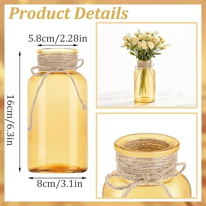 Vintage Glass Flower Vase，3 Pack Farmhouse Gold Glass Centerpiece Vases Mason Jars for Weddings, Parties & Home Decor Bulk (3, Gold)
