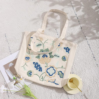 Aesthetic Embroidery Tote Bag for Lady Cute Reusable Canvas Shoulder Bag for Girls Women Shopping Grocery