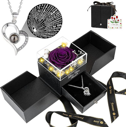 Preserved Purple Real Rose with I Love You Necklace -Eternal Flowers Rose for Mom Grandma Wife Girlfriend Gifts for Her from Husband Christmas Birthday Anniversary