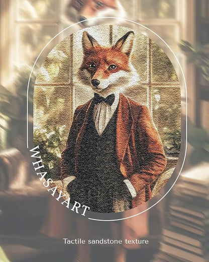 Vintage 3D Textured Fox Duke Scholar Framed Wall Art 16x16, Anthropomorphic Animal Portrait Sandstone Panel Print Artwork, Rustic Retro Farmhouse Living Room Bedroom Study Gallery Home Decor