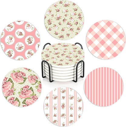 Drink Coasters,6 Pcs Shabby Chic Flower Coffee Cup Mat with Storage Holder, Durable Ceramic Coaster Set for Hot & Cold Beverages
