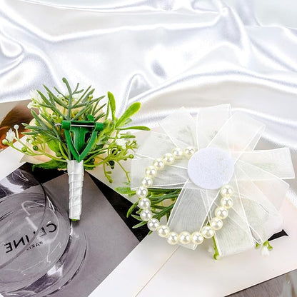 SITUMEIZI 2Pcs Champagne Corsage and Boutonniere Set,Corsage Wristlet for Prom Decor,Boutonniere for Men Wedding Flowers Accessories Party Suit Decoration