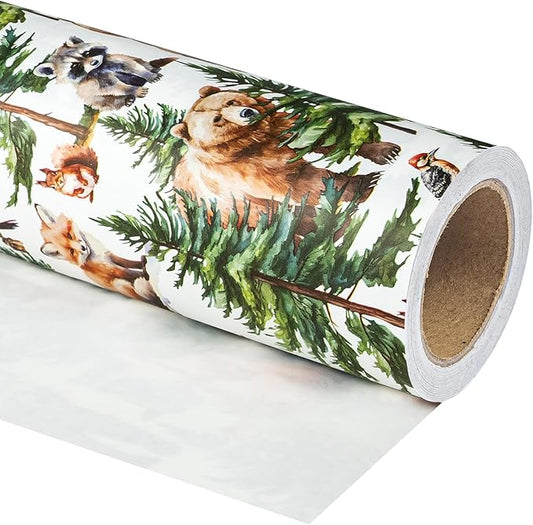 WRAPAHOLIC 30 Inch Kraft Christmas Wrapping Paper - 30 Inch x 33 Feet - White Wild Animal Winterfall Watercolor and Christmas Tree Wrapping Paper Perfect for Holiday, Party