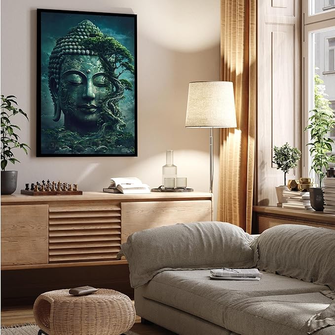 Buddha statue wall art canvas wall decor aesthetic picture mystical nature art for tranquil home and spiritual space 16x24in Metal blackFramed