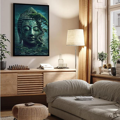 Buddha statue wall art canvas wall decor aesthetic picture mystical nature art for tranquil home and spiritual space 16x24in Metal blackFramed