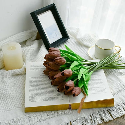 Mandy's Artificial Tulips 20 Stems Brown PU Faux Flowers for Thanksgiving and Christmas Decorations Wedding Home Decor 13.5 Inch
