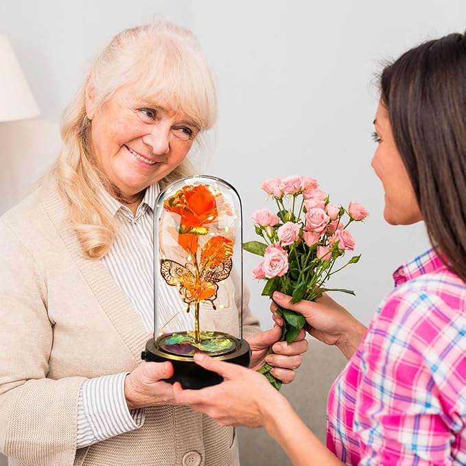 Birthday Rose Flower Gifts for Women, Glass Flower Gift for Mom from Daughter Son, Colorful Orange Light Up Rose in Glass Dome with Music Box for Her Wife Grandma