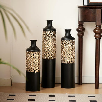 Floor Oversized Gold Metal Decorative Vase with 3D Triangle Pattern Set of 3 Large Vases for Home Living Room 33.5 ", 29.5 ", 25.2" High (Black)