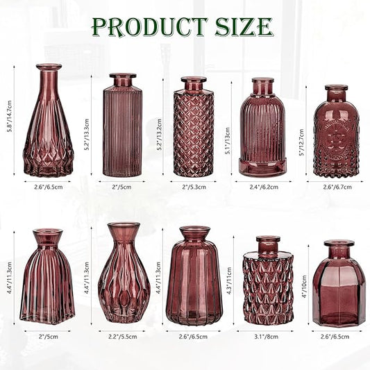 Glass Bud Vases Set of 10, Wine Red Small Flower Vase in Bulk for Centerpieces, Mini Vintage Vases for Rustic Wedding Vintage Home Table Decor