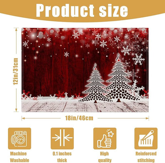 Christmas Tree Placemats Set of 6, Winter Snowflakes Linen Place Mat Washable Stain Resistant Table Mats for Farmhouse Kitchen Dining Party Wedding Decor 12x18 Inch