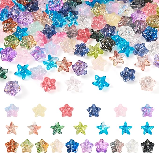 110Pcs 14mm Gradient Glass Star Beads Colorful Starfish Crystal Beads Clear Bowknot Pentagram Charm Beads Ocean Beach Craft Beads Loose Spacer Beads for DIY Bracelet Earring Jewelry Making