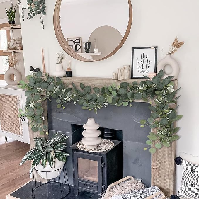 SOMYTING Artificial Eucalyptus Garland with White Flowers 2 Packs 5.9Ft Silver Dollar Leaves Eucalyptus Garland Faux Greenery Vines for Wedding Arch Table Runner Mantle Party Room Decor