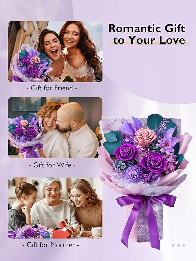 Eterfield Flowers for Delivery Prime, Forever Flowers Bouquet, Preserved Roses and Purple Flowers Birthday Gifts for Her Women Wife Mom Grandma Graduation Valentine's Day Mother's Day