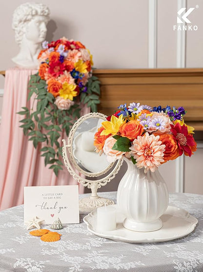 FANKO Artificial Flowers Mixed Rainbow Combo, Fake Silk Rose Flowers Orange & Champagne Roses, Pink Dahlia for DIY Wedding Bridal Bouquets/Centerpieces/Home