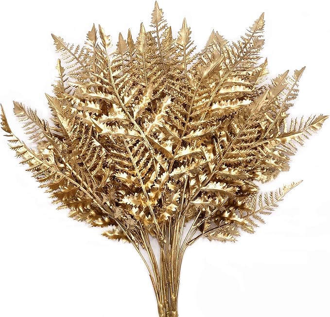 PASYOU Golden Fake Plants, Artificial Flowers Decoration for Christmas Plastic Boston Grass Faux DIY Crafts Indoor Outdoor Home Garden Party Room Bedroom Wedding Table Centerpiece Decor, Gold 4 Pack