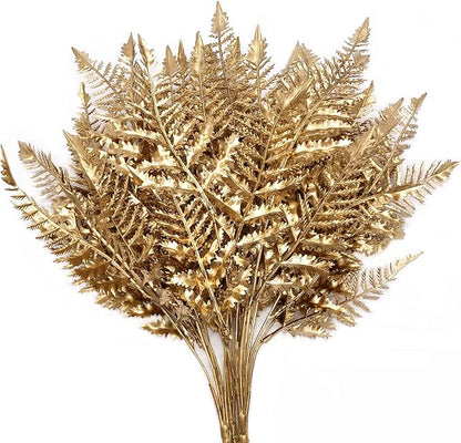 PASYOU Golden Fake Plants, Artificial Flowers Decoration for Christmas Plastic Boston Grass Faux DIY Crafts Indoor Outdoor Home Garden Party Room Bedroom Wedding Table Centerpiece Decor, Gold 4 Pack