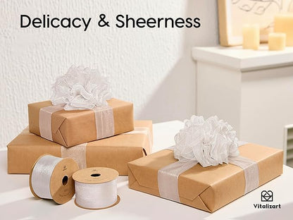 Vitalizart White Organza Ribbon 1.5" x 30 Yd Sheer Ribbons for Gift Wrapping Crafts Christmas Party Decor Bows Wedding Invitations Wreaths Bouquet