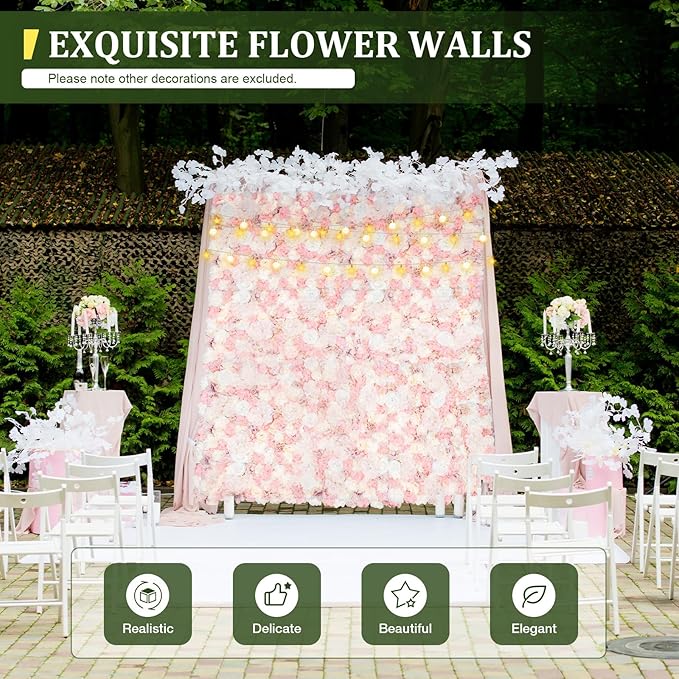 12 Pcs White Flower Wall Flowers Backdrop Artificial Flower for Backdrop Flowers Decoration 3D Floral Panels for Wall Decor Home Party Wedding Room Decoration (60x40cm/White+Pink)