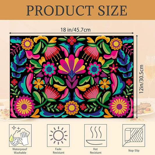Colorful Floral Mexican Placemats Set of 6 Washable Table Mats for Kitchen Dining Table,Heat-Resistant Place Mats for Indoor Outdoor Party Holiday Decoration