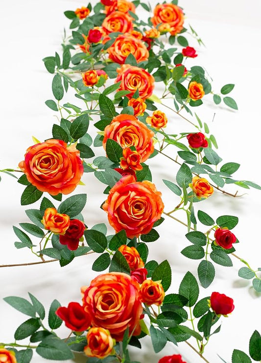 6FT Bendable Flower Garland, Artificial Rose Vine Hanging Floral Garland Decoration for Weding Home Room Wall Decor (Orange, 2pcs)