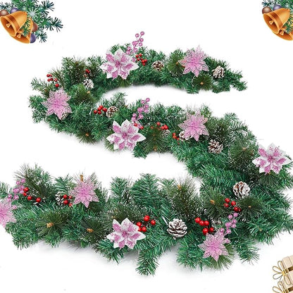 24Pcs Christmas Poinsettia Artificial Flowers and Glitter Berries Kit, 2 Styles Total 16Pcs Christmas Tree Flowers Ornaments, 8Pcs Christmas Tree Picks for Wedding Holiday Decorations, Pink